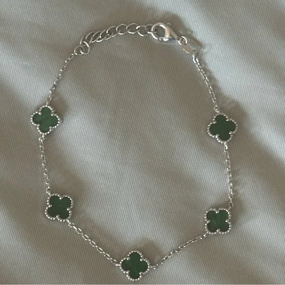 925 Silver Green Malachite Clover Bracelet - Picture 2 of 4